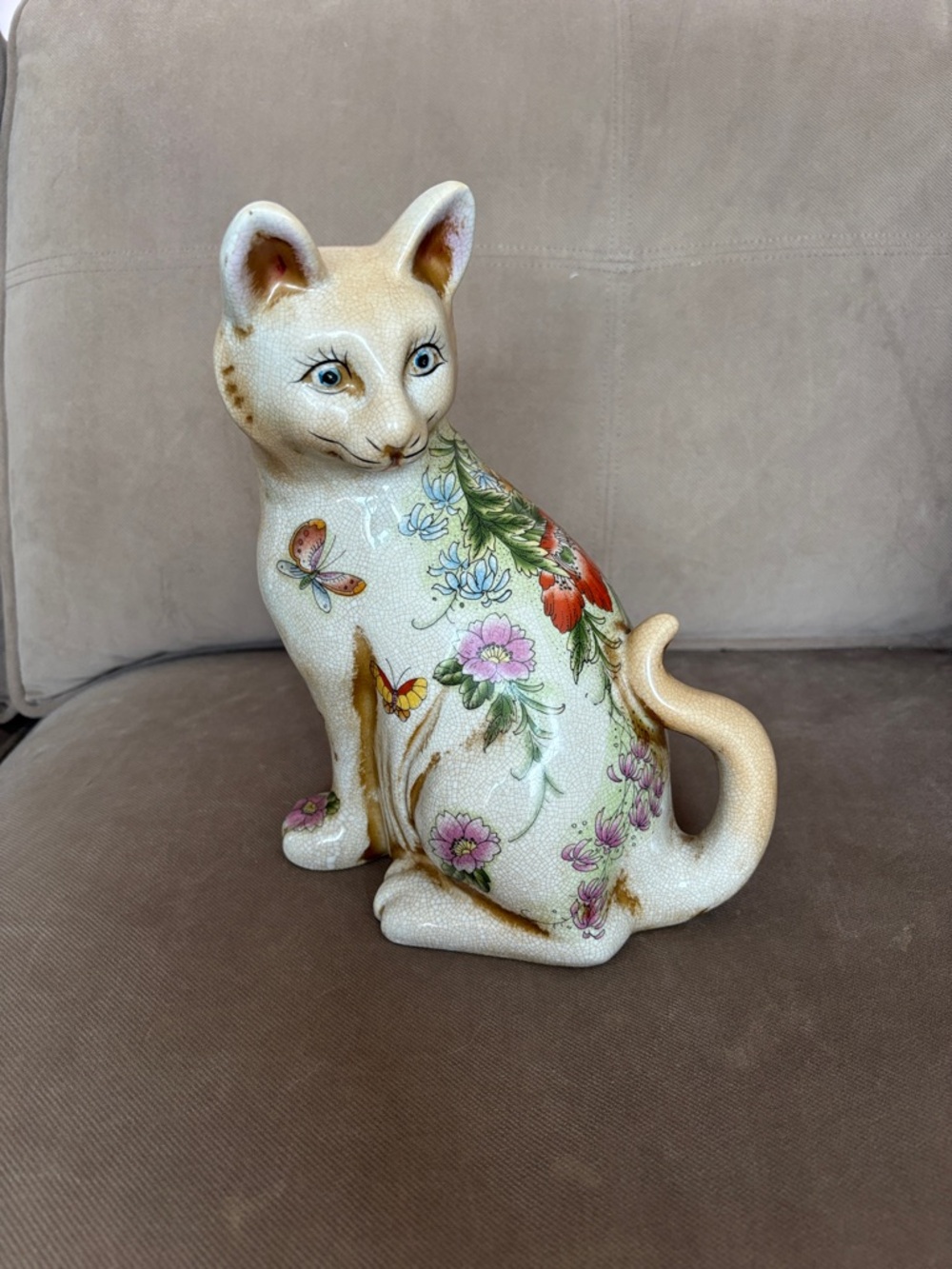Decorative Floral Ceramic Cat Figurine - Cream and Multicolor